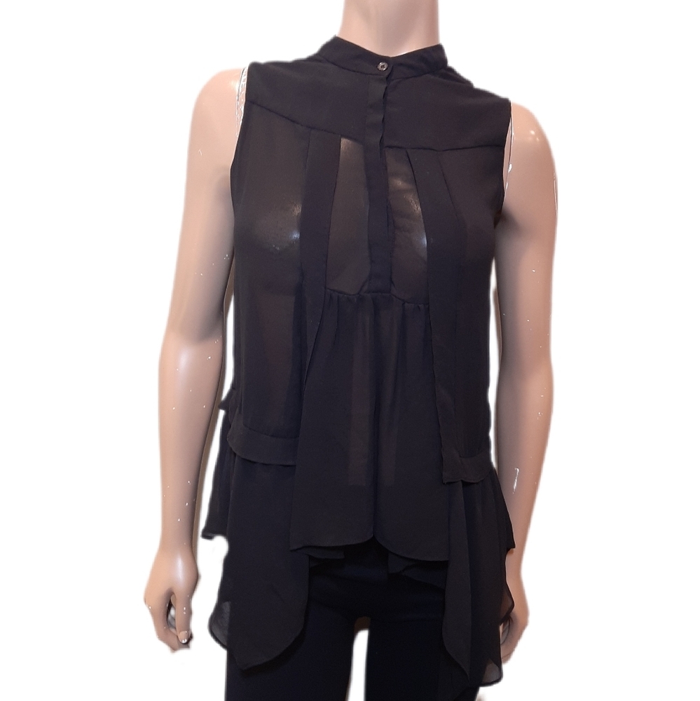 Eryn Brinié Sleeveless Chiffon Top Sheer Black High Neck Asymmetric Size Small